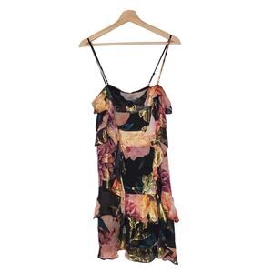 Nicole Miller Artelier Dahlia Bloom Lurex Ruffle Silk Dress Black Multi Size 6